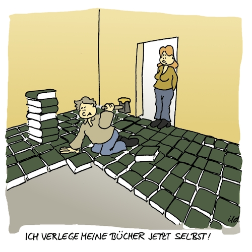 Cartoon: Ich verlege meine Bücher selbst (medium) by achecht tagged boden,handwerk,heimwerken,heimwerker,selbsthilfe,selbstverlag,bücher,verlegen,verlag,buch,buch,verlag,verlegen,bücher,selbstverlag,selbsthilfe