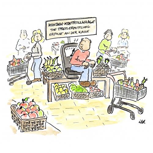 Cartoon: Kundenkontrollwaage (medium) by achecht tagged kundenkontrollwaage,waage,kunde,kontrolle,supermarkt,einkauf,kundenkontrollwaage,waage,kunde,übergewicht,missverständnis,verständnis,kontrolle,einkauf,supermarkt,obst,gewicht,preis,aldi,reichelt,wagen,kasse,rollband,handel,verbraucher