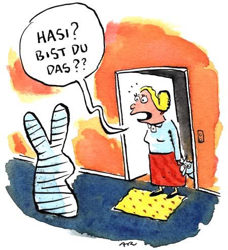 Cartoon: hasi (medium) by ari tagged door,cat,woman,rabbit,eastern,ostern,hase