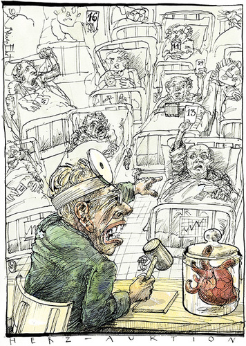 Cartoon: Heart auction - Herz-Auktion (medium) by Rainer Ehrt tagged transplantation,medizin,transplantationsmedizin,gesundheit,transplantat,herz,leber,niere,skandal,geschäft,korruption