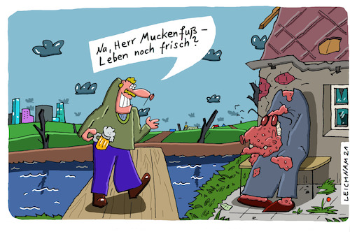 Cartoon: Am Haus (medium) by Leichnam tagged haus,sitzen,bank,muckenfuß,frisch,leben,leichnam,leichnamcartoon