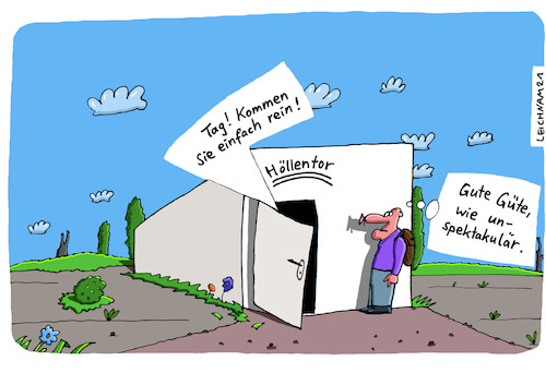 Cartoon: Ankunft (medium) by Leichnam tagged ankunft,höllentor,unspektakulär,leichnam,leichnamcartoon