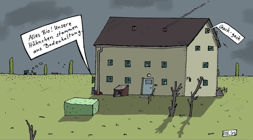 Cartoon: Bauernhaus (medium) by Leichnam tagged ökologie,gack,bodenhaltung,bio,alles,hühnchen,bauernhaus,fleisch,geflügel,eier,naturbelassen,grün