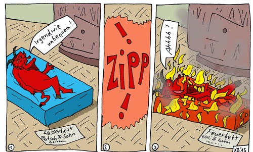 Cartoon: behaglich (medium) by Leichnam tagged behaglich,unbequem,wasserbett,feuer,zipp,ahhhh,teufel,rauch,gestank