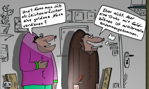 Cartoon: Bekenntnis (medium) by Leichnam tagged bekenntnis,goldzahn,leichenwäscher,bestattung,verdienst,truhe,sammlung