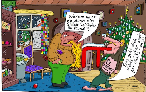 Cartoon: Berechtigte Frage (medium) by Leichnam tagged berechtigte,frage,weihnachten,stück,geländer,im,mund,bizarr,zwei,herren,weihnachtsbaum,schneemann,winter,schlitten,gemütlich,geheim,privat,leichnam,leichnamcartoon