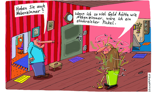 Cartoon: Die Frage (medium) by Leichnam tagged frage,nebenzimmer,geld,finanzen,pinkel,urin,strullern,leichnam,leichnamcartoon