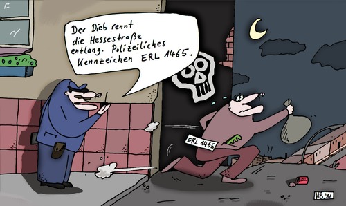 Cartoon: Dieb (medium) by Leichnam tagged dieb,flucht,nummer,kennzeichen,polizeilich,beute,leichnam,nacht,raub,beamter,polizei,bullen