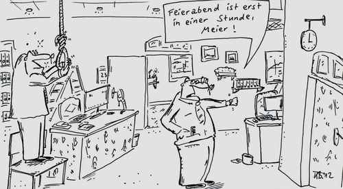 Cartoon: Feierabend (medium) by Leichnam tagged schlinge,strick,aufhängen,selbstmord,stunde,einer,in,feierabend,beamter,dienst,arbeit,alltag,büro,suicid,meier,voll,schnauze,ende