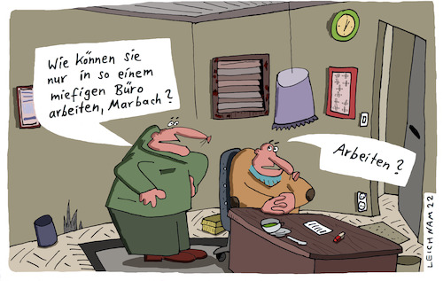 Cartoon: Frage (medium) by Leichnam tagged frage,büro,arbeiten,stickig,miefig,angestellter,vorgesetzter,leichnam,leichnamcartoon