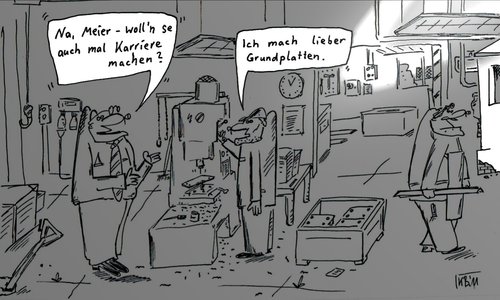 Cartoon: Frage von oben (medium) by Leichnam tagged frage,boss,chef,maloche,werkhalle,arbeitswelt,bohrmaschine,untergebener,grundplatten,leichnam