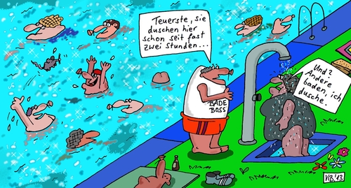 Cartoon: Freibadspäße (medium) by Leichnam tagged freibadspäße,duschen,baden,schwimmen,plantschen,sommer,sonne,hitze,freizeit,urlaub,wasser,zwei,stunden,andere,bademeister,gäste,vergnügen,ertüchtigung