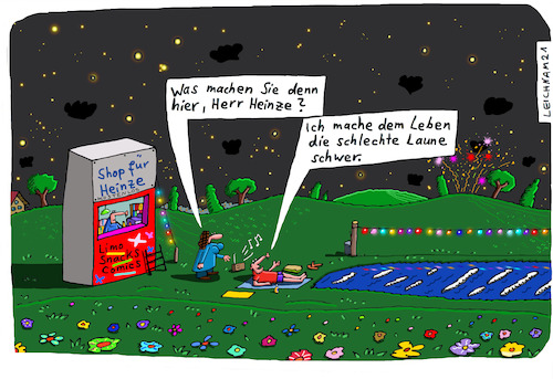 Cartoon: Frohnaturen 6 (medium) by Leichnam tagged frohnaturen,nacht,lichterkette,sterne,kostenlos,snacks,limo,comics,shop,liegewiese,see,baden,laune,stimmung,heinze,nachgefragt,leichnam,leichnamcartoon