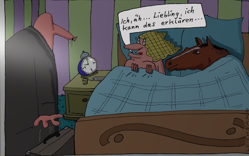 Cartoon: Früher zurück (medium) by Leichnam tagged früher,zurück,ehe,schlafzimmer,bett,tier,pferd,erschrocken,ehemann,leichnam,leichnamcartoon,liebling,äh,verlegenheit