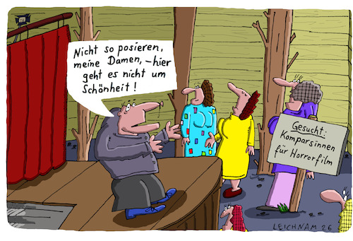 Cartoon: Gesucht! (medium) by Leichnam tagged gesucht,film,komparsen,horrorfilm,vorstellung,posieren