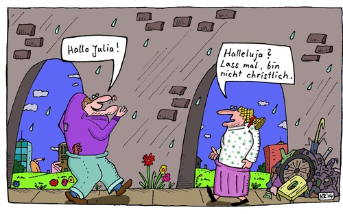 Cartoon: Gruß (medium) by Leichnam tagged gruß,hallo,julia,freundin,begegnung,halleluja,christlich,lass,mal,atheistin,freude,erfreut
