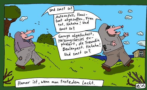 Cartoon: Hahaha! (medium) by Leichnam tagged männergespräch,feuer,brand,tot,frau,unbekümmert,lachen,beulenpest,heizungskessel,garage,auto,humor,hahaha