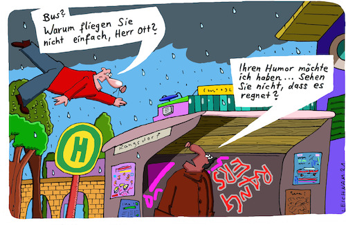 Cartoon: Haltestelle (medium) by Leichnam tagged haltestelle,fliegen,flieger,regen,humor,angefragt,verwunderung,nass,leichnam,leichnamcartoon