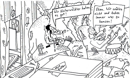 Cartoon: Hinterwäldler (medium) by Leichnam tagged hinterwäldler,einsam,allein,trommel,bumsen,musik,wald,unterholz