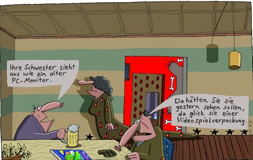 Cartoon: Im Zimmer (medium) by Leichnam tagged zimmer,hintergrund,schwester,monitor,pc,verpackung,vergleiche,gestern,leichnam,leichnamcartoon
