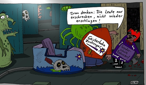 Cartoon: kleiner Hinweis (medium) by Leichnam tagged hinweis,geisterbahn,zuckvogel,erschrecker,blut,mord,tod,sonderschule,rahnsdorf,erschlagen,unterhaltung,grusel,horror,schausteller,rummelplatz,gespenster