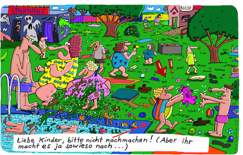 Cartoon: Liebe Kinder (medium) by Leichnam tagged kinder,freibad,sommer,schwimmbad,frösche,raubfische,würmer,schnecken,leichnam,leichnamcartoon,ärger,böse,teddy,plüschtier