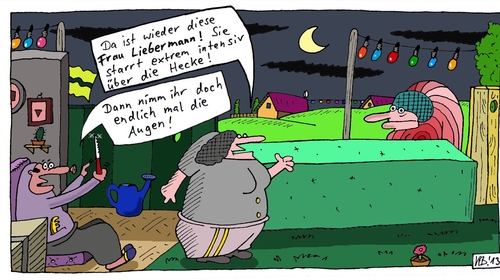 Cartoon: Liebermann (medium) by Leichnam tagged frau,liebermann,starren,hecke,messer,augen,nehmen,intensiv,stieren,schauen,gucken