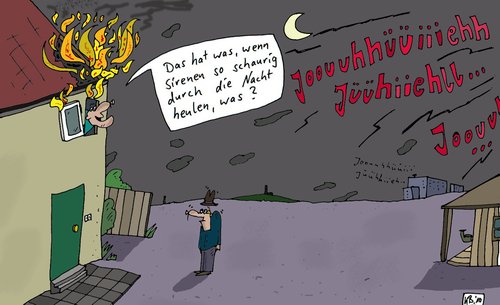 Cartoon: Lustiger Phlegmatiker (medium) by Leichnam tagged lustig,phlegmatiker,nacht,haus,feuer,sirenen,leichnam,brennen,dachstuhl,brand