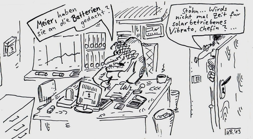 Cartoon: Meier und Chefin (medium) by Leichnam tagged meier,cehfin,batterien,büro,alltag,stöhn,solar,vibrator,lustspender,schabracke