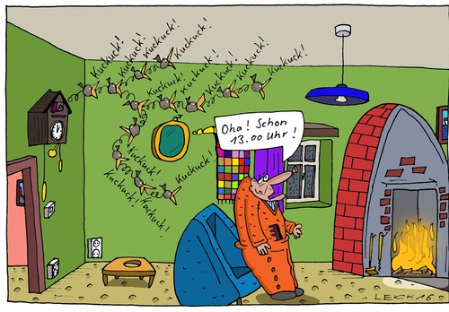 Cartoon: Oha! (medium) by Leichnam tagged oha,kuckucksuhr,uhrzeit,13,uhr,schon,so,spät