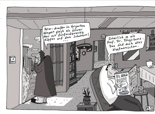 Cartoon: Prof. Dr. (medium) by Leichnam tagged prof,dr,kopfmenschen,klingeln,besuch,überraschung,april