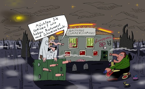 Cartoon: R und S (medium) by Leichnam tagged rotwurst,schweinehack,gasthaus,gastfreundschaft,düsternis,ebene,sommerschmaus,nacht,nebel,leichnam,leichnamcartoon,dreirad