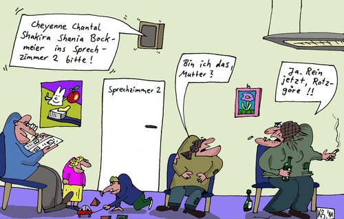 Cartoon: Rein jetzt! (medium) by Leichnam tagged rein,jetzt,kinderarzt,mutter,tochter,cheyenne,shakira,shania,chantal,bockmeier,sprechzimmer,rotzgöre