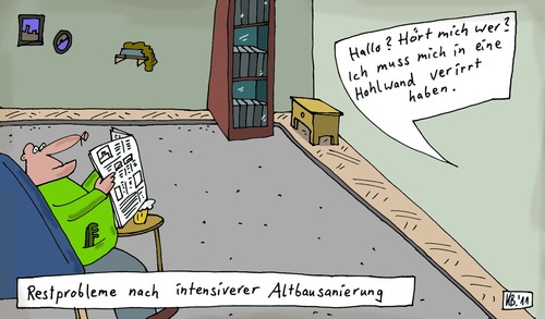 Cartoon: Restprobleme (medium) by Leichnam tagged restprobleme,leichnam,altbau,sanierung,hallo,verirrt,verlaufen