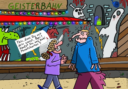 Cartoon: Rummelplatz 3 (medium) by Leichnam tagged rummelplatz,geisterbahn,fahrgeschäft,monatskarten,kaufen,papi,vater,tochter,leichnam,leichnamcartoon