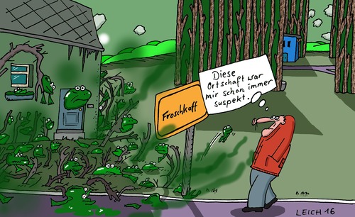 Cartoon: schon immer (medium) by Leichnam tagged schon,immer,froschkaff,ortseingang,frösche,lurche,nebel,feuchtigkeit,ortschaft,schild,suspekt,kaff