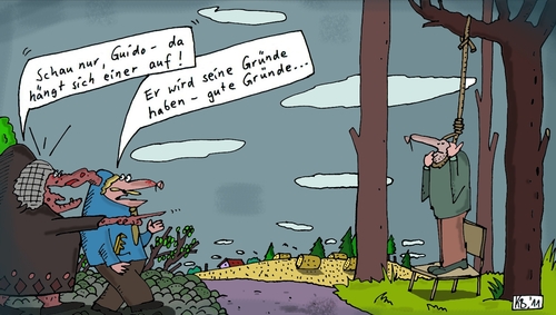 Cartoon: Schreckliche Beobachtung (medium) by Leichnam tagged schrecklich,beobachtung,leichnam,erhängen,selbstmord,suicid,guido,ehe,schabracke,gründe,waldrand
