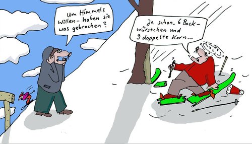 Cartoon: Skiunfall (medium) by Leichnam tagged skiunfall,helfer,besorgnis,bruch,brechen,gebrochen,korn,bockwurst,baum