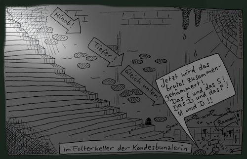 Cartoon: Tief unten (medium) by Leichnam tagged tief,unten,kandesbunzlerin,folterkeller,hämmern,hammer,leichnam,leichnamcartoon