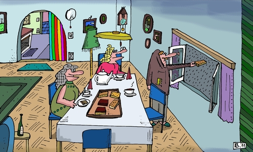 Cartoon: Trockener Kuchen (medium) by Leichnam tagged trocken,kuchen,regen,kaffeekränzchen,wohnstube,idee,einfall,lösung