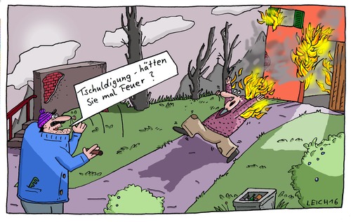 Cartoon: Tschuldigung (medium) by Leichnam tagged zigarre,flucht,rauch,qualm,rauchen,raucher,brand,feuer,tschuldigung