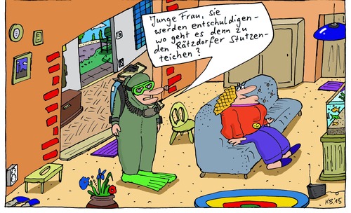 Cartoon: verirrt (medium) by Leichnam tagged verirrt,teiche,wasser,tauchen,taucher,unter,wohnung,kein,plan,junge,frau,nach,dem,weg,fragen,entschuldigung