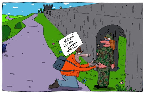 Cartoon: Wache (medium) by Leichnam tagged wache,wachen,mauer,turm,kitzel,kitzeln,soldatin,armee,eingang,leichnam,leichnamcartoon