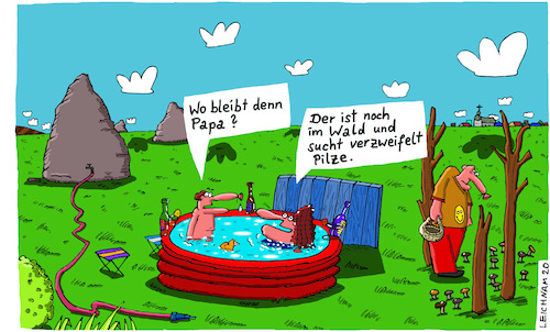 Cartoon: Wo bleibt Papa? (medium) by Leichnam tagged papa,vati,sohn,swimmingpool,wald,pilze,suche,wasserspaß,leichnam,leichnamcartoon