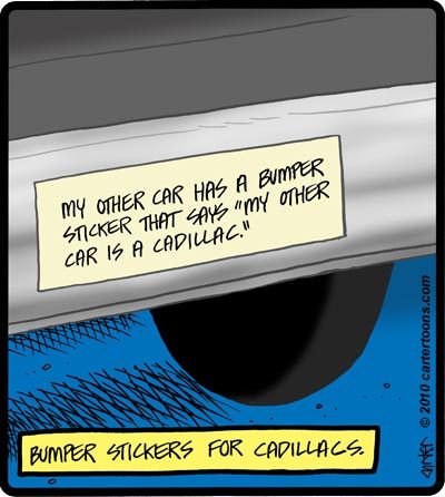 Cartoon: Cadillac bumper stickers (medium) by cartertoons tagged car,bumper,sticker,cadillac