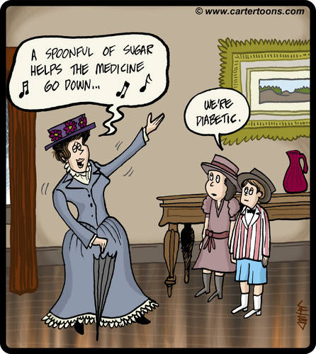 Cartoon: Diabetic Mary Poppins kids (medium) by cartertoons tagged mary,poppins,disney,musical,musicals,diabetic,diabetes,health,sugar,songs,singing,england,english,kids,parenting,nanny,nannies