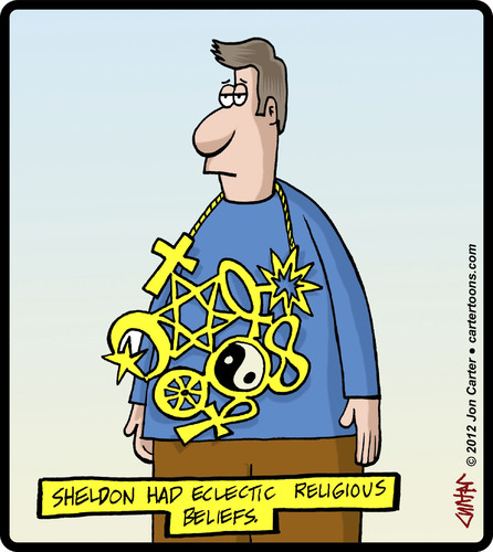 Cartoon: Eclectic Necklace (medium) by cartertoons tagged religion,spirituality,god,philosophy,jewelry,symbols,religion,spirituality,god,philosophy,jewelry,symbols