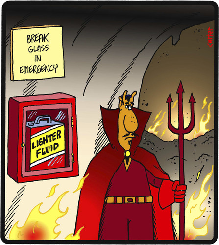 Cartoon: Hell Emergencies (medium) by cartertoons tagged heaven,hell,fire,emergencies,devil,container,gasoline,heaven,hell,fire,emergencies,devil,container,gasoline