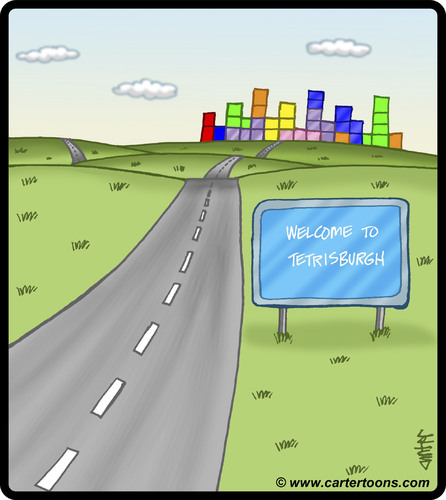 Cartoon: Tetrisburgh (medium) by cartertoons tagged tetris,tetrisburgh,city,cities,towns,sign,signs,road,roads,highway