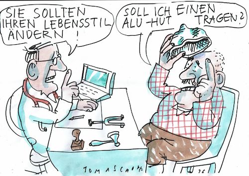 Cartoon: Aluhut (medium) by Jan Tomaschoff tagged lebensstil,verschwörungstheorie,angst,lebensstil,verschwörungstheorie,angst